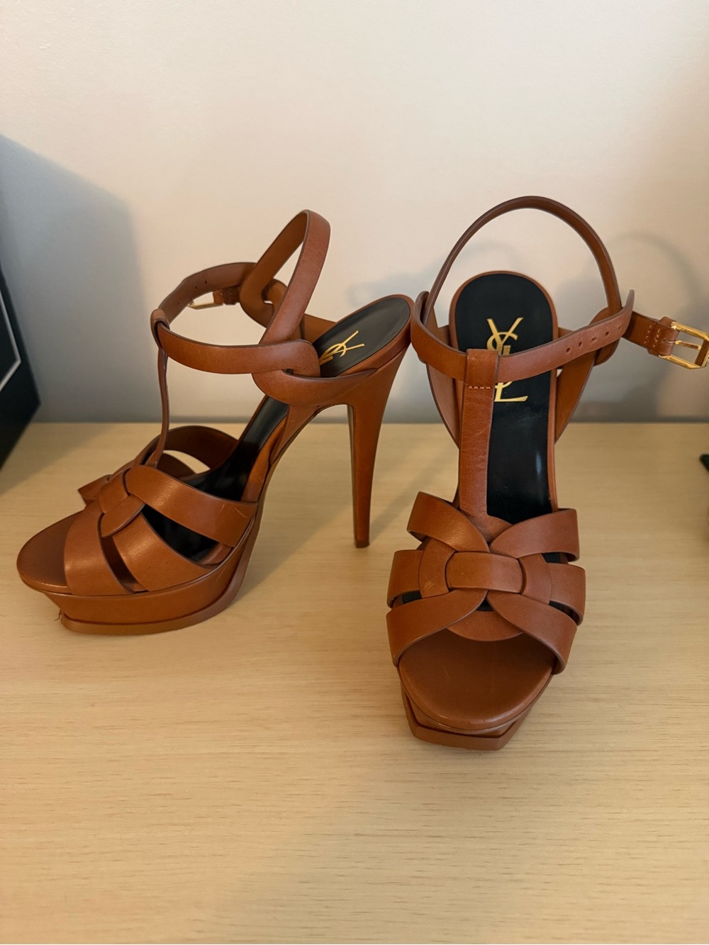 Saint Laurent Tan Leather Knotted Platform Sandals